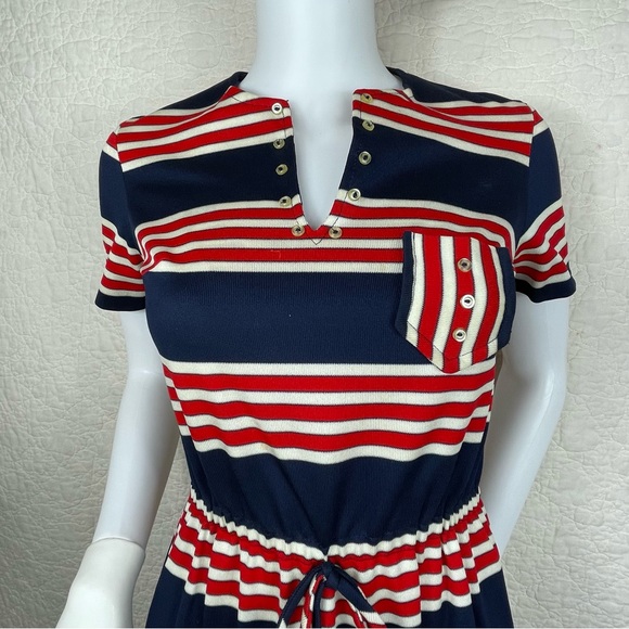 🔥Vintage 60s Jeune Leique Striped Red Blue Mini Dress - Picture 3 of 14